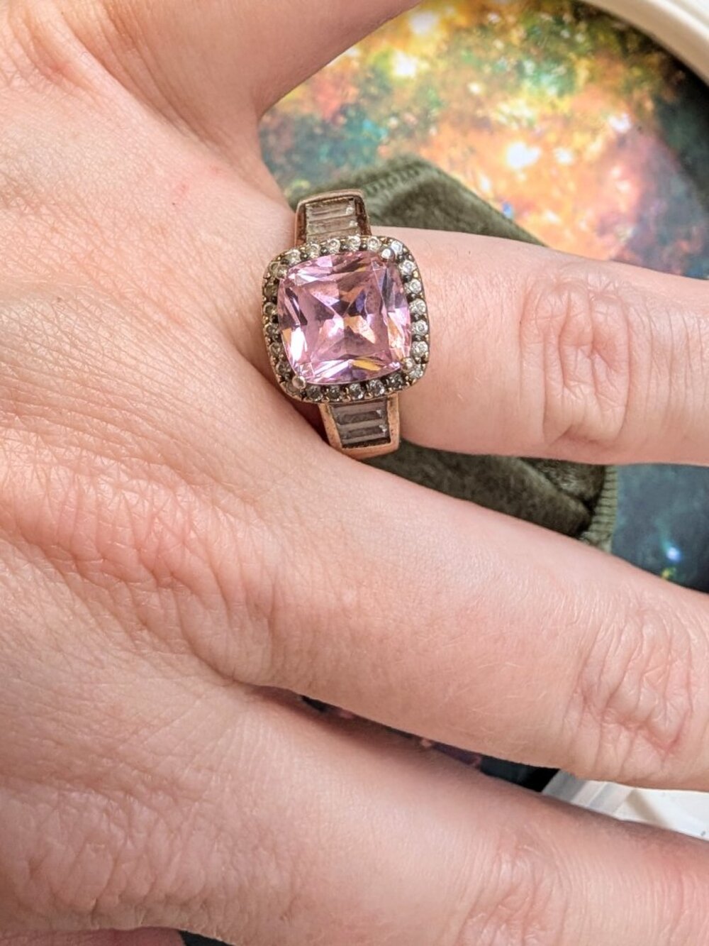 Vintage Sparkling Princess Cut Pink & Clear CZ Sterling Silver Ring, Size 8 - Picture 2 of 16